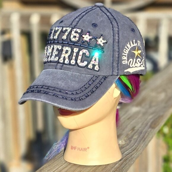Ladies Navy Blue 1776 America BLING Hat NEW - Picture 3 of 4